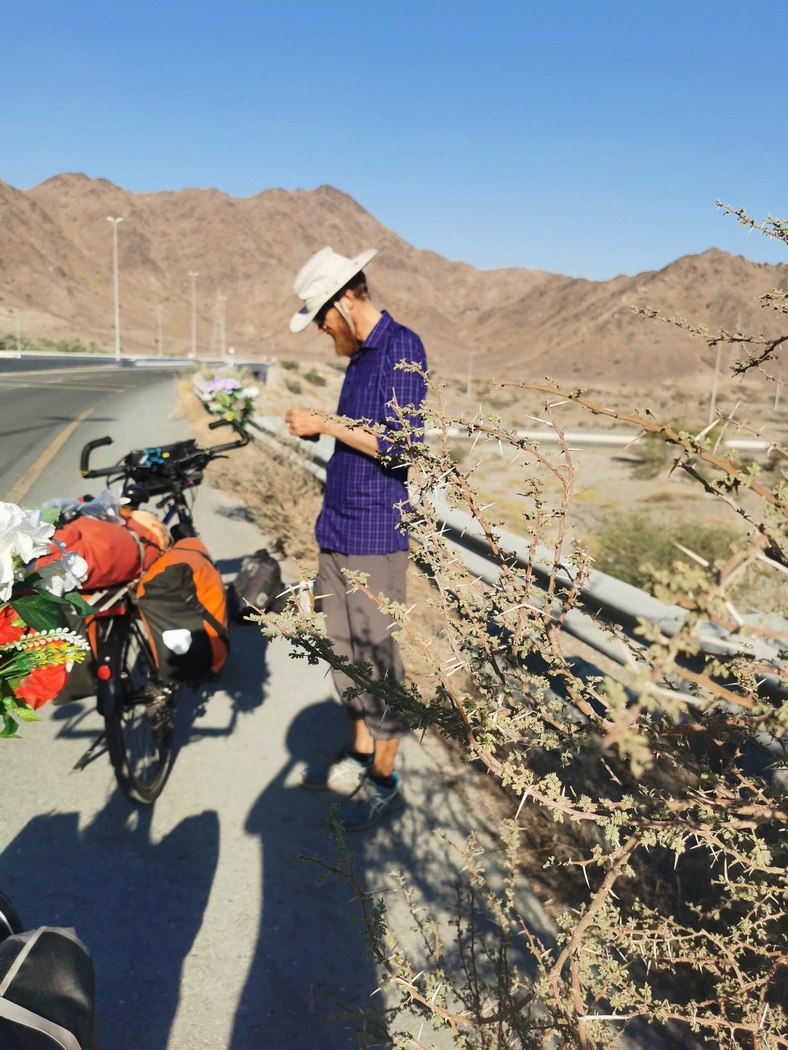 Dornenbusch im Vordergrund, dahinter Tilmann mit Fahrrad