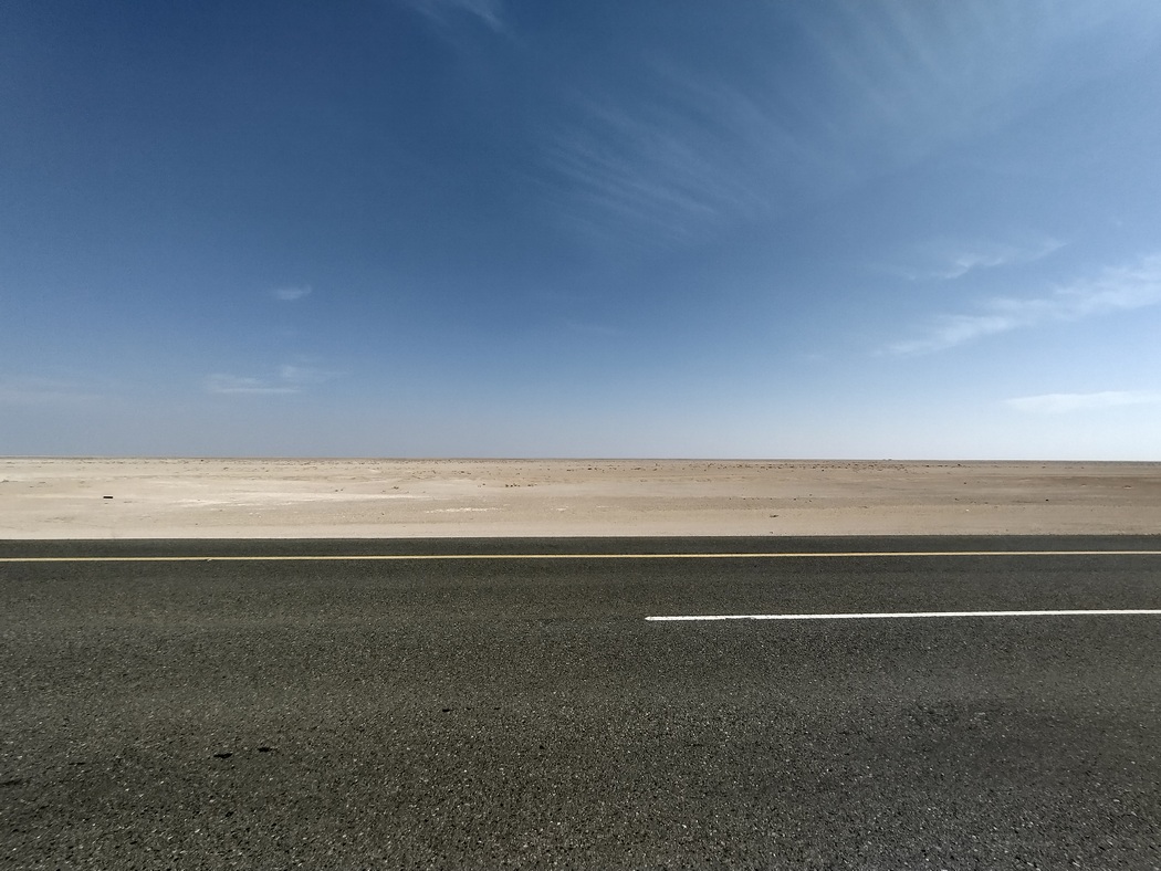 Flache leere Wüste bis zum Horizont