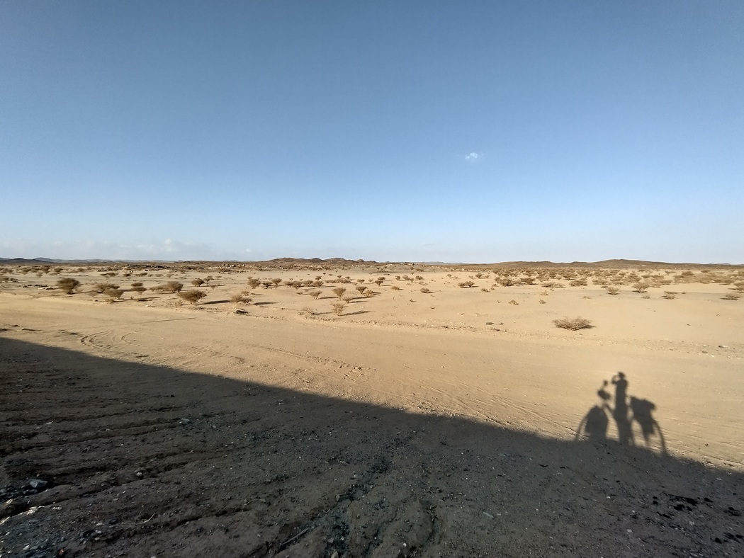 Schatten eines Radfahrers im Wüstensand