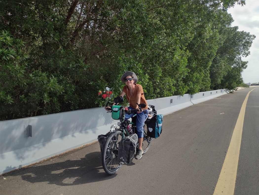 Bäume säumen die Straße, Julia fährt mit dem Fahrrad vorbei