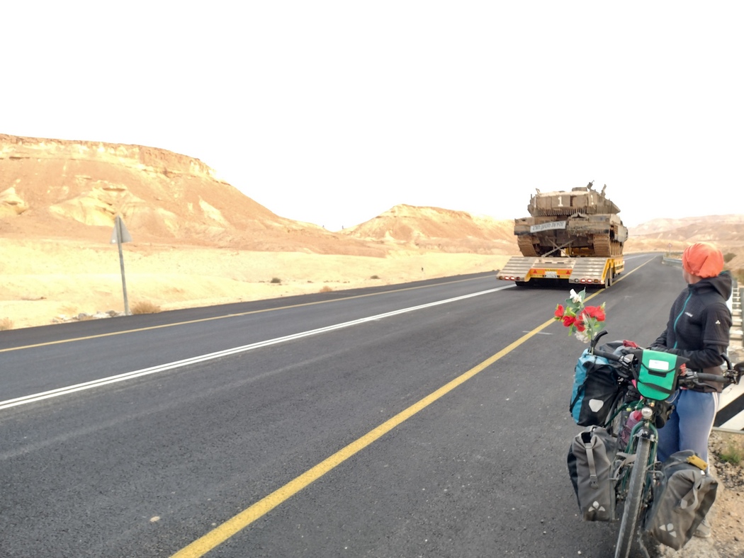 Julia blickt LKW mit Panzer hinterher